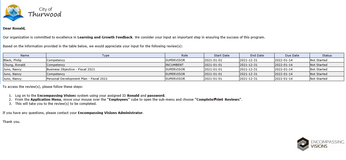 Learning and Growth Review Notification