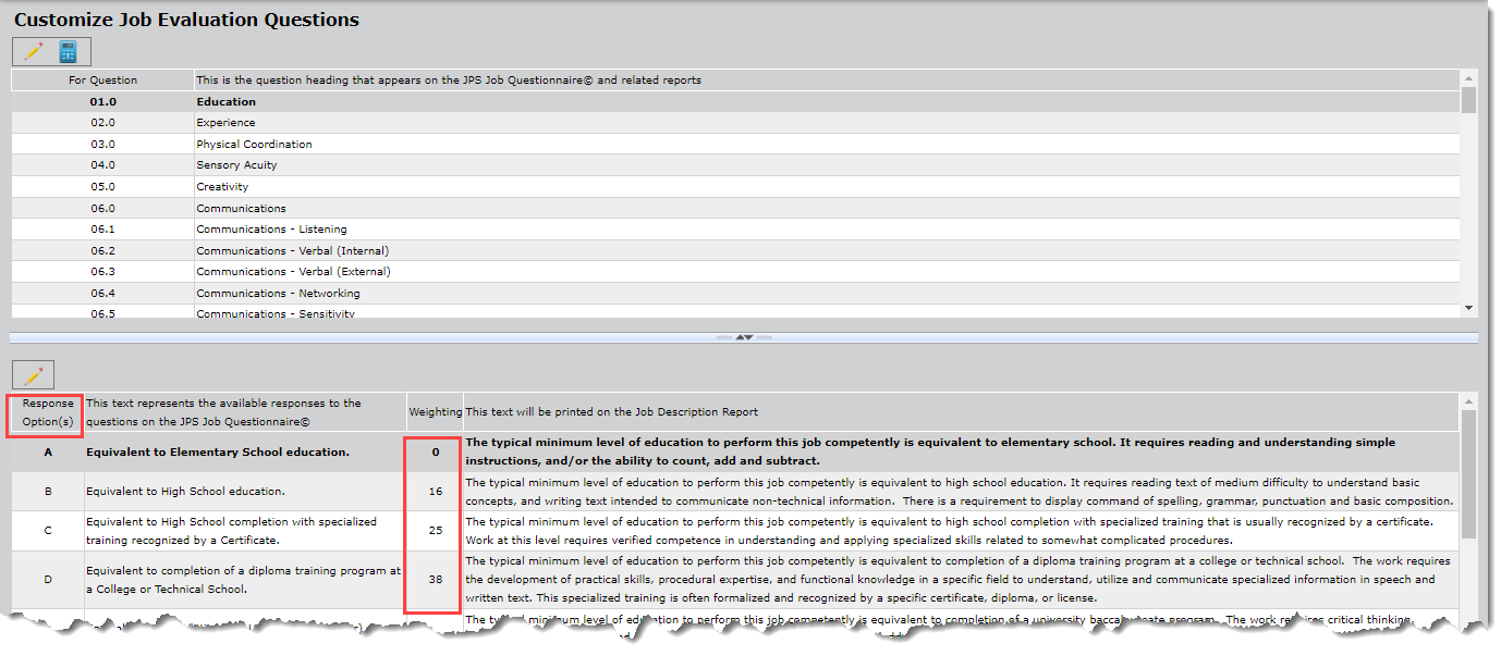 customize job questionnaire_edit_response and weighting